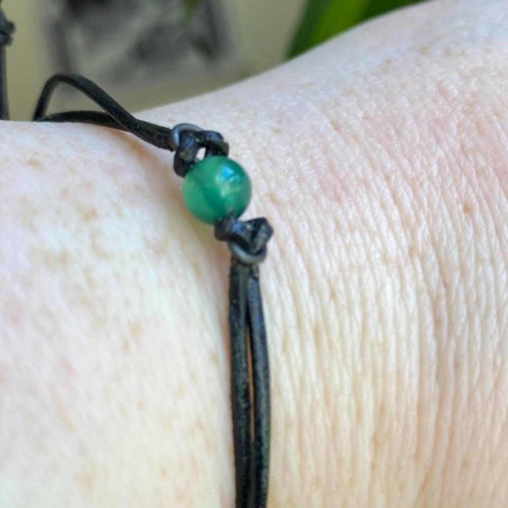 6mm Green Jade bead on stainless steel b wire waxed cord adjustable bracelet
